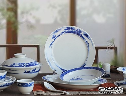 56头手绘釉下青花山水中餐具