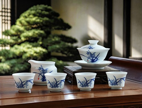 6头釉中兰香四溢玉泥盖碗茶具