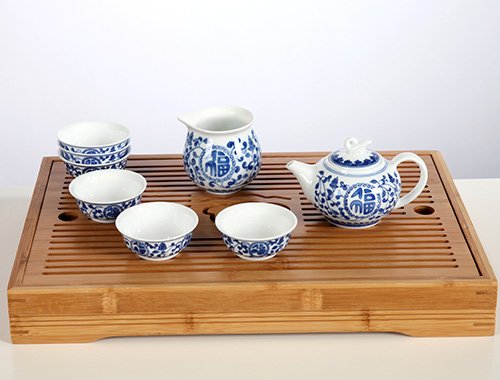 8头手绘青花福寿连绵花功夫茶具