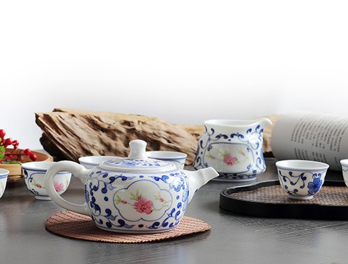 8头青花斗彩功夫茶具水点桃花