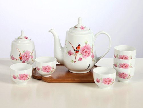 8头手绘水点桃花茶具