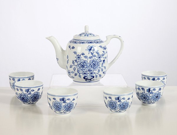 7头手绘青花牡丹花茶具
