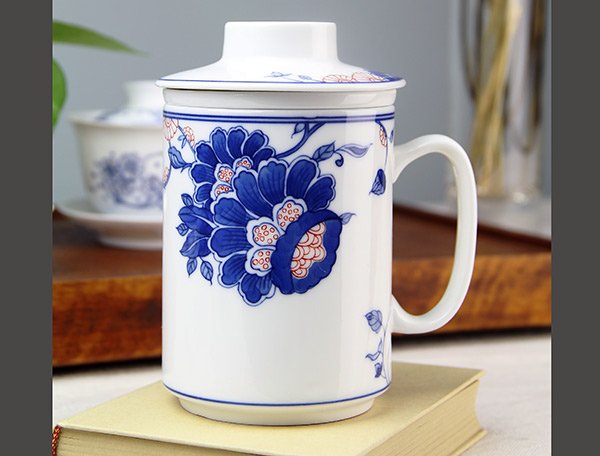 手绘青花野菊直口茶漏杯套组