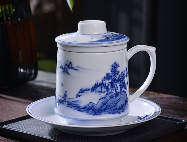 2头手绘青山秀水大福杯碟